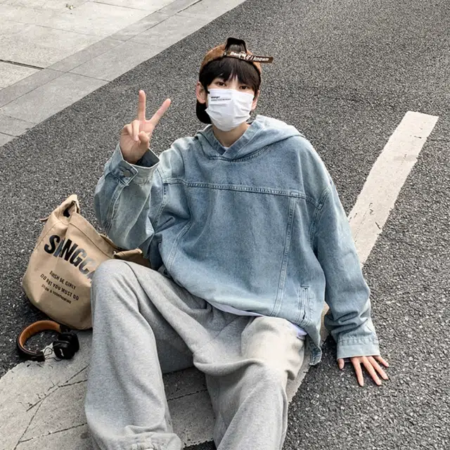虫小绿 美式水洗做旧高街风套头连帽外套上衣休闲春秋季街头潮牌宽松复古痞帅百搭牛仔帽衫长袖卫衣 男女同款