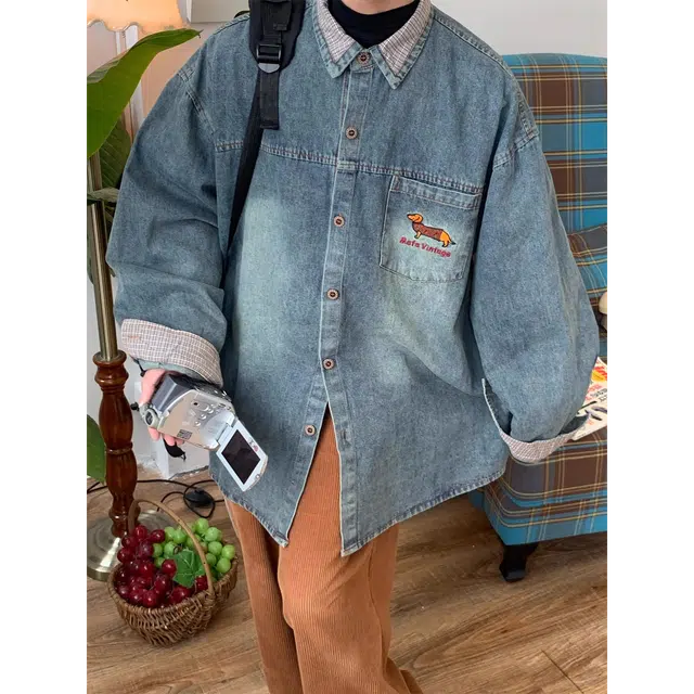 虫小绿 美式复古腊肠狗刺绣拼接水洗翻领长袖衬衫上衣纯色设计感春秋季潮流宽松百搭通勤情侣牛仔外套 男女同款