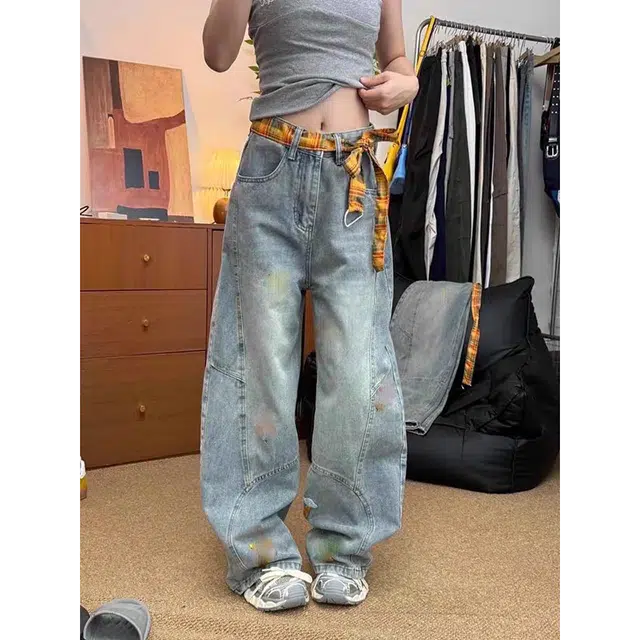 虫小绿 美式解构特色卡通毛巾绣直筒弯刀裤子春秋季宽松水洗镰刀裤小众设计感阔腿长裤休闲百搭牛仔裤 男女同款