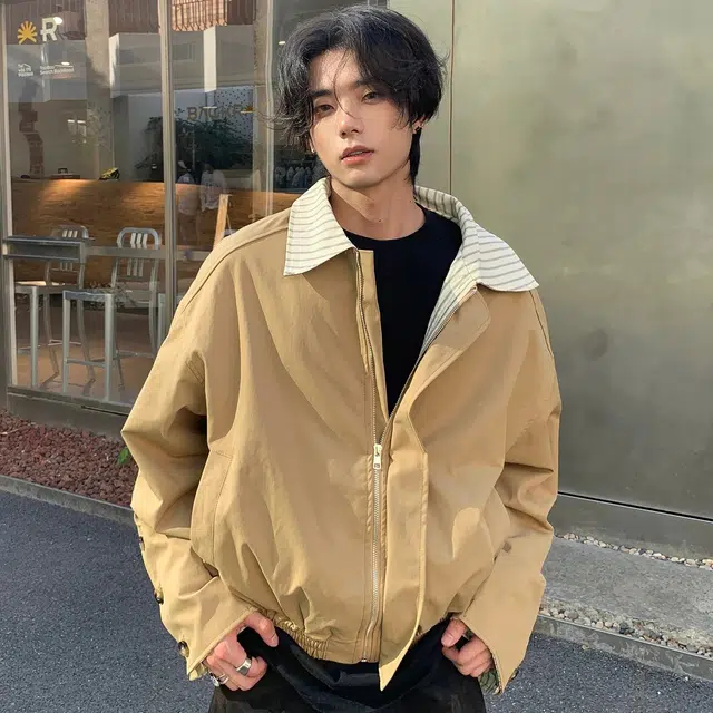 虫小绿 春秋季潮流撞色拼接条纹翻领外套廓形琥珀系美式复古简约个性小众设计感宽松舒适日常休闲百搭通勤工装防风夹克 男女同款