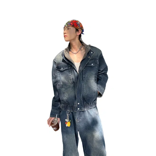 虫小绿 美式复古设计款双层立领短款夹克上衣春秋款潮流痞帅高级宽松休闲百搭拼接牛仔外套 男女同款