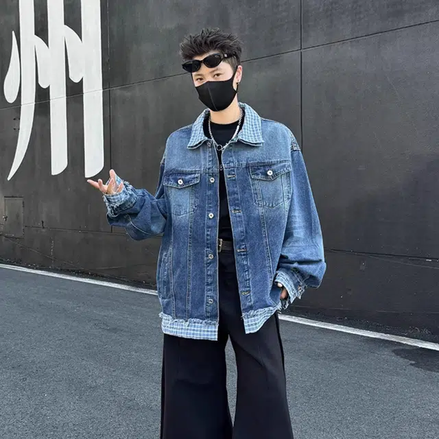虫小绿 美式假两件拼接潮牌街头垂感翻领百搭宽松牛仔外套 男女同款