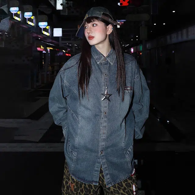 虫小绿 复古做旧水洗刺绣字母开衫长袖夹克上衣单排扣春秋季美式潮牌宽松休闲百搭翻领牛仔外套 男女同款