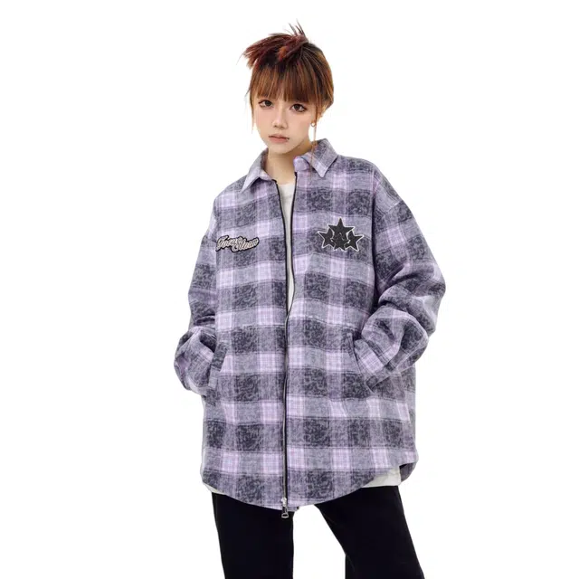 虫小绿 美式复古撞色格子星星刺绣衬衫翻领外套春秋季国潮情侣街头宽松休闲百搭毛呢拉链上衣夹克 男女同款