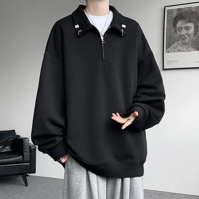 虫小绿 慵懒学院风美式高街复古纯色半拉链翻领重磅休闲运动百搭上衣春秋季潮流时尚日常通勤宽松卫衣 男女同款