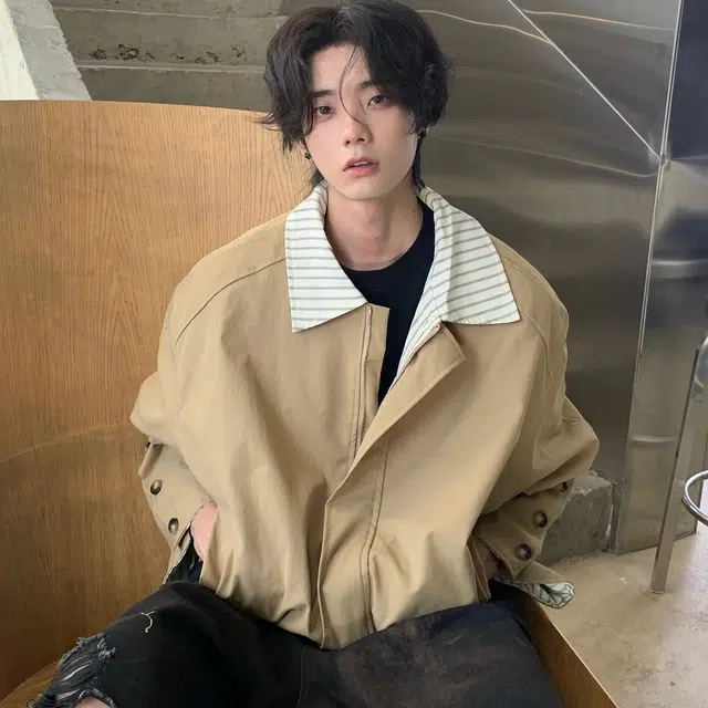 虫小绿 春秋季潮流撞色拼接条纹翻领外套廓形琥珀系美式复古简约个性小众设计感宽松舒适日常休闲百搭通勤工装防风夹克 男女同款