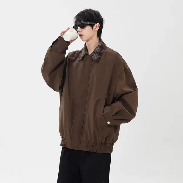 虫小绿 美式复古高级感小众设计感格子假两件外套上衣拼接翻领春秋季高街风高质感时髦舒适休闲宽松飞行员夹克 男女同款