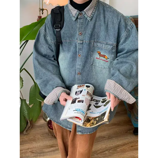 虫小绿 美式复古腊肠狗刺绣拼接水洗翻领长袖衬衫上衣纯色设计感春秋季潮流宽松百搭通勤情侣牛仔外套 男女同款