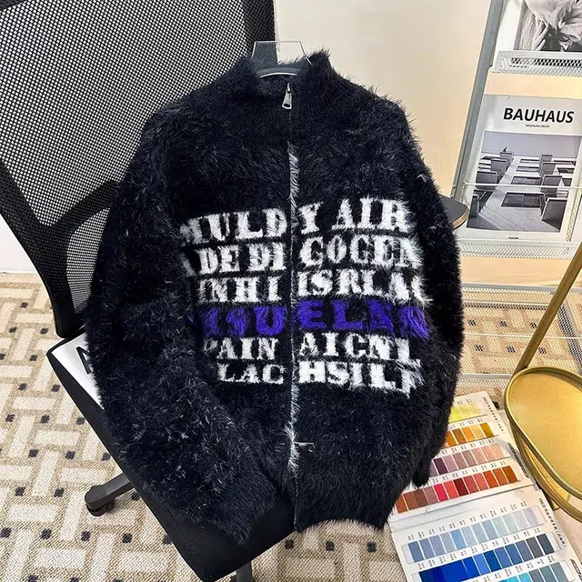 虫小绿 秋冬季时尚提花仿水貂毛立领毛线衣外套保暖拉链开衫毛衣帅气慵懒风松弛感高级弹力打底百搭宽松休闲垂感针织衫 男女同款