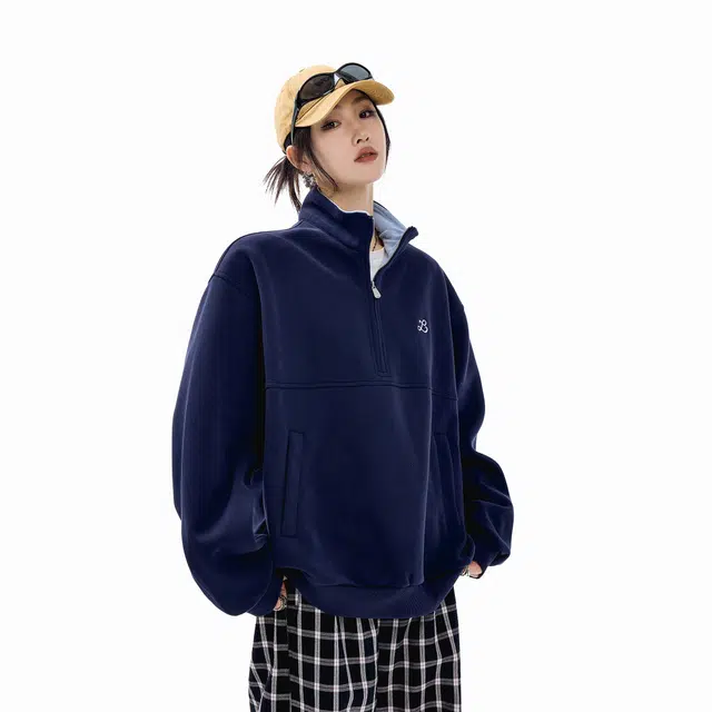 虫小绿 美式潮牌复古基础纯色胸口小标时尚半拉链立领上衣外套秋冬季痞帅气质百搭宽松休闲情侣款卫衣 男女同款