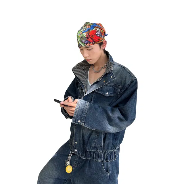 虫小绿 美式复古设计款双层立领短款夹克上衣春秋款潮流痞帅高级宽松休闲百搭拼接牛仔外套 男女同款