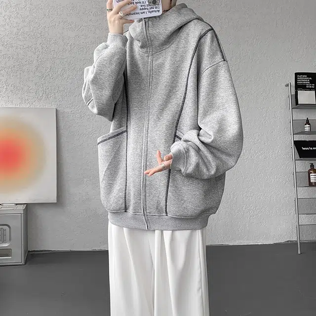 虫小绿 重磅空气层连帽开衫拉链外套春秋季复古辑明线拼接设计感简约百搭舒适休闲廓形卫衣 男女同款