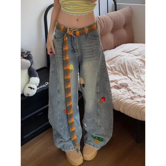 虫小绿 美式解构特色卡通毛巾绣直筒弯刀裤子春秋季宽松水洗镰刀裤小众设计感阔腿长裤休闲百搭牛仔裤 男女同款