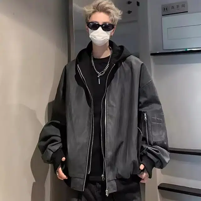 虫小绿 美式重磅假两件工装拉链外套春秋季潮流复古做旧百搭休闲夹克潮牌高级感痞帅宽松短款连帽皮衣 男女同款