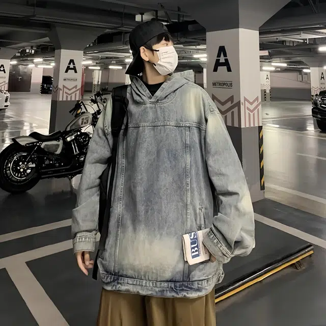 虫小绿 美式高街复古套头牛仔连帽上衣水洗做旧高级感春秋季宽松休闲工装夹克长袖外套情侣帽衫卫衣 男女同款