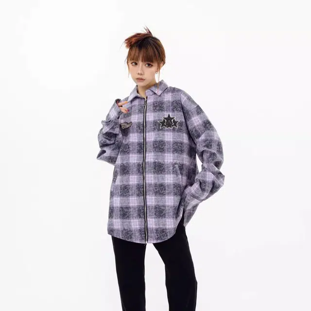 虫小绿 美式复古撞色格子星星刺绣衬衫翻领外套春秋季国潮情侣街头宽松休闲百搭毛呢拉链上衣夹克 男女同款