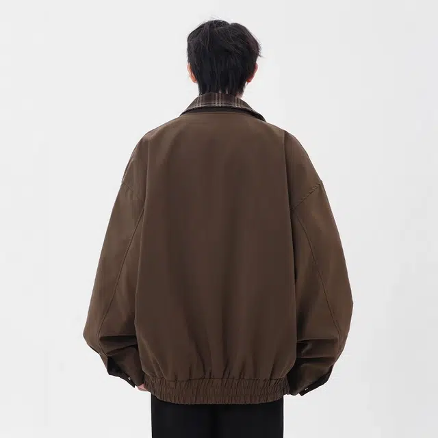 虫小绿 美式复古高级感小众设计感格子假两件外套上衣拼接翻领春秋季高街风高质感时髦舒适休闲宽松飞行员夹克 男女同款