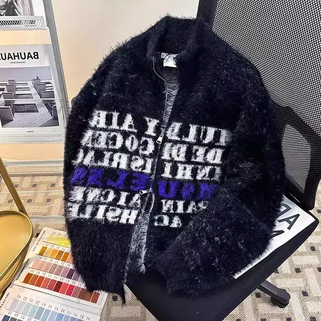 虫小绿 秋冬季时尚提花仿水貂毛立领毛线衣外套保暖拉链开衫毛衣帅气慵懒风松弛感高级弹力打底百搭宽松休闲垂感针织衫 男女同款