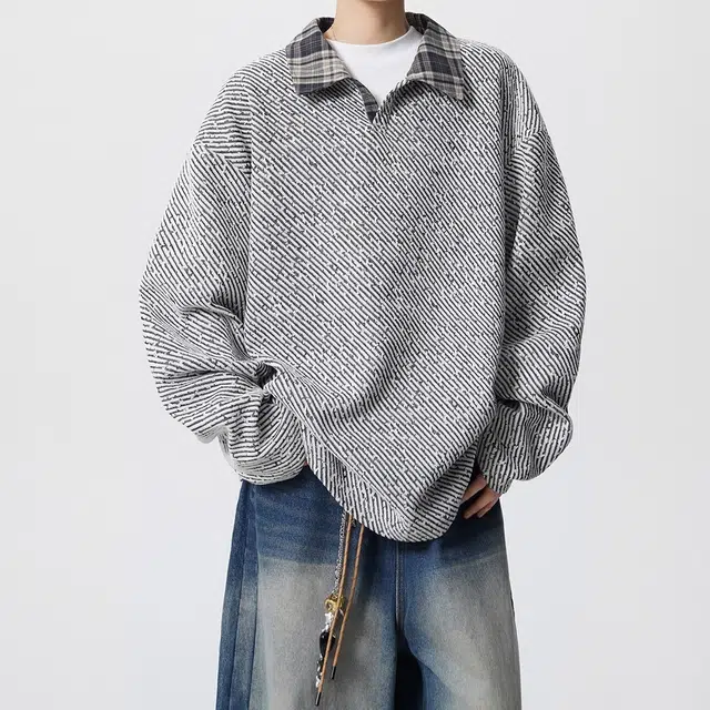 虫小绿 美式高街学院风基础款纯色上衣外套休闲格子拼接翻领设计感宽松户外通勤百搭港风痞帅高级感长袖卫衣 男女同款