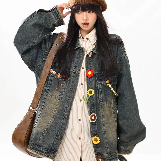 虫小绿 春秋季复古花朵纽扣夹克美式潮流休闲宽松小众设计感趣味古着水洗做旧百搭翻领牛仔外套 男女同款