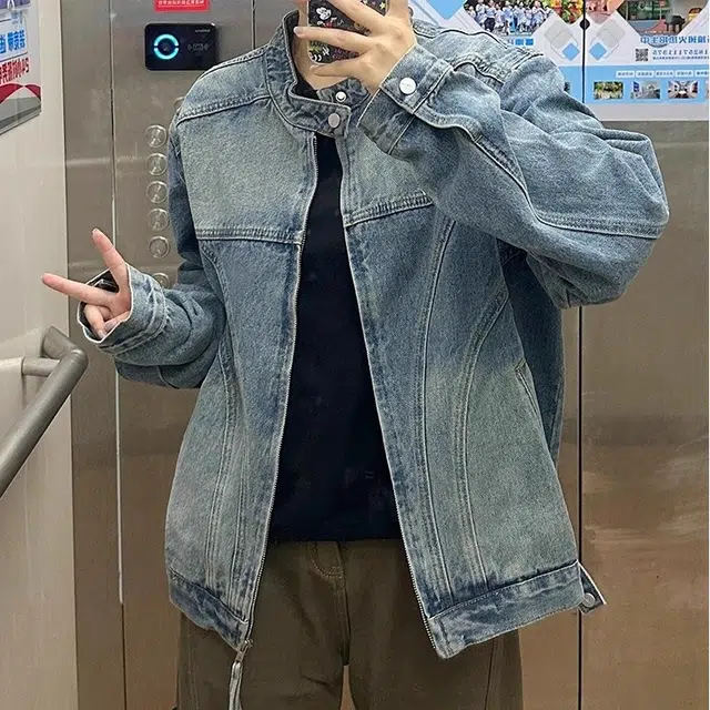 虫小绿 美式简约小众设计分割解构夹克衫春秋季潮流复古痞帅百搭水洗长袖上衣短款机车工装立领牛仔外套 男女同款