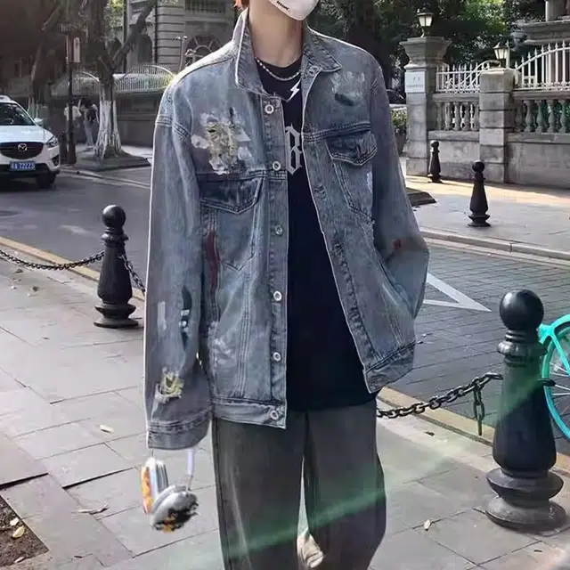 虫小绿 美式高街复古风水洗做旧拼接涂鸦泼墨破洞设计感翻领宽松百搭休闲夹克牛仔外套 男女同款