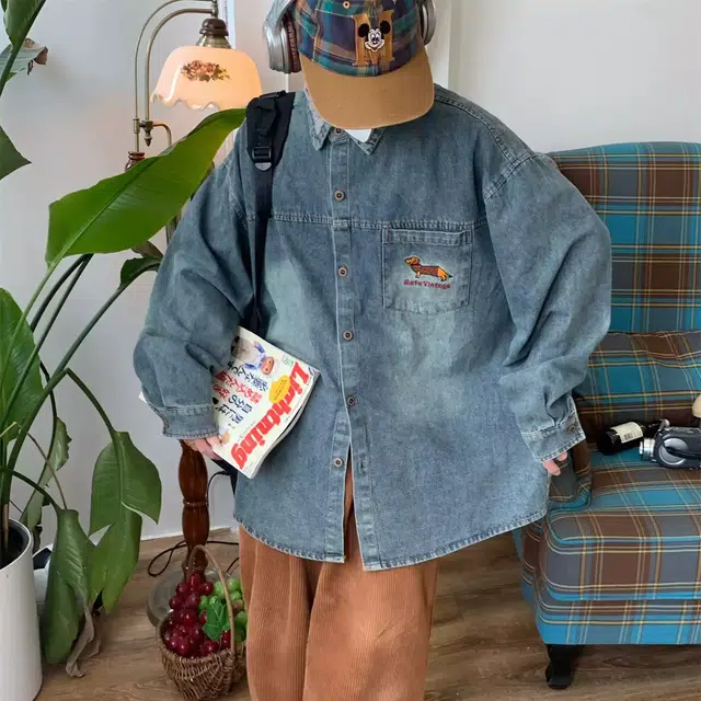 虫小绿 美式复古腊肠狗刺绣拼接水洗翻领长袖衬衫上衣纯色设计感春秋季潮流宽松百搭通勤情侣牛仔外套 男女同款