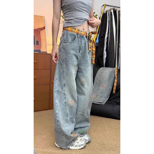 虫小绿 美式解构特色卡通毛巾绣直筒弯刀裤子春秋季宽松水洗镰刀裤小众设计感阔腿长裤休闲百搭牛仔裤 男女同款