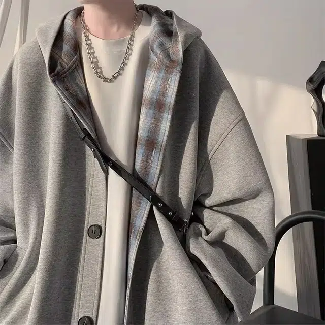 虫小绿 美式复古潮牌高级感拼接格子连帽上衣服春秋季韩版潮流设计开衫外套休闲宽松单排扣百搭卫衣 男女同款