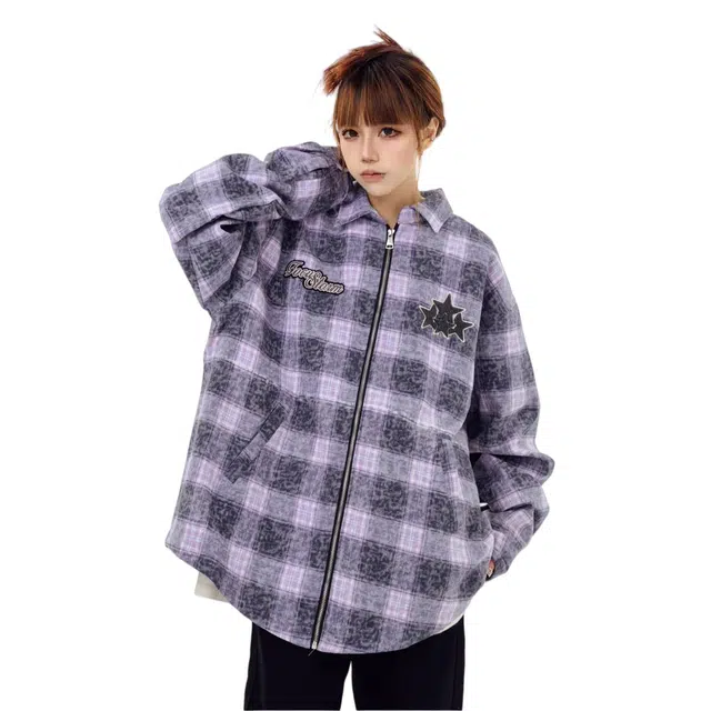 虫小绿 美式复古撞色格子星星刺绣衬衫翻领外套春秋季国潮情侣街头宽松休闲百搭毛呢拉链上衣夹克 男女同款