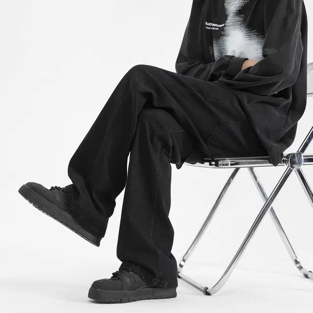 虫小绿 美式高街纯色简约水洗弯刀裤潮牌宽松直筒长裤百搭通勤显瘦微喇牛仔裤 男女同款