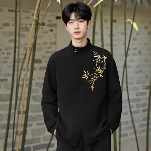 虫小绿 新中式立领长袖衬衣结婚订婚国风感设计竹叶刺绣免烫百搭上衣衬衫 男女同款