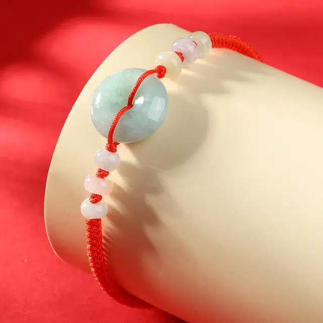 亿珍阁 好运平安扣手绳 糯种 翡翠手链 男女同款情侣款 编织玉石手环饰品 新中式转运珠子国风情侣首饰手饰 礼物礼盒装