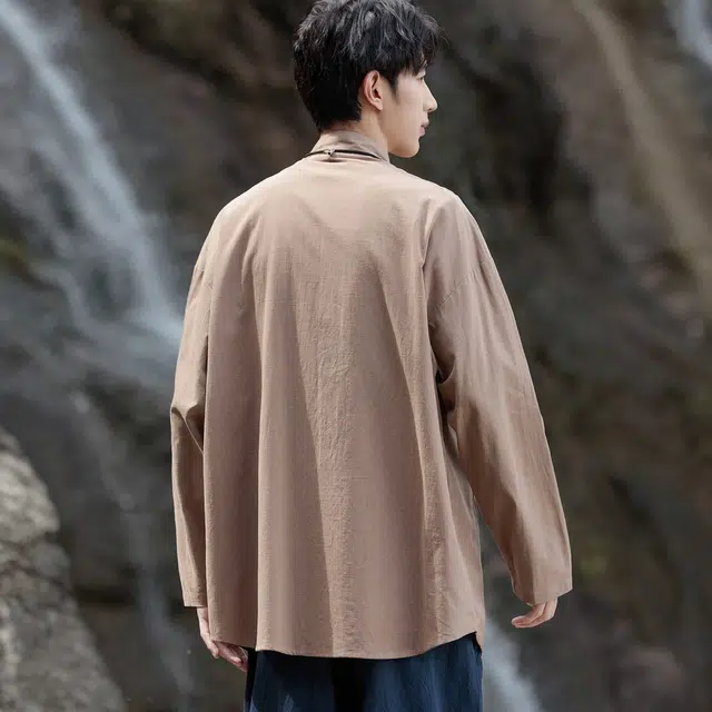 新中式中国风休闲重磅棉麻唐装复古宽松茶服纯色中山装长袖衬衣佛系禅意盘扣五金点缀太极服百搭衬衫 男女同款