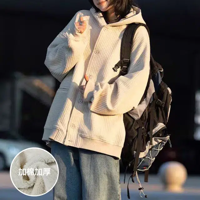 零氏 华夫格慵懒风美式日系复古连帽开衫宽松百搭舒适外套卫衣 男女同款