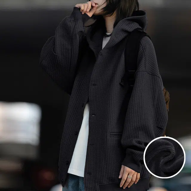 零氏 华夫格慵懒风美式日系复古连帽开衫宽松百搭舒适外套卫衣 男女同款