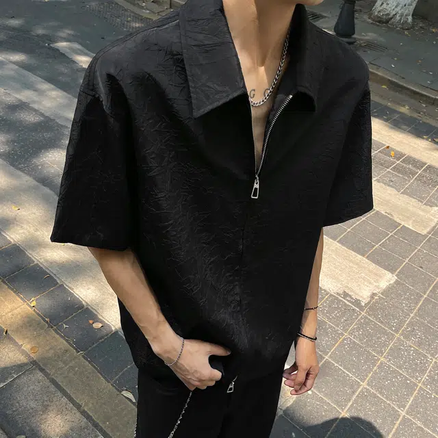 美式复古高街潮流小众纯色双拉链黑暗风褶皱设计宽松休闲百搭痞帅日常通勤透气舒适翻领短袖衬衫 男女同款 黑色
