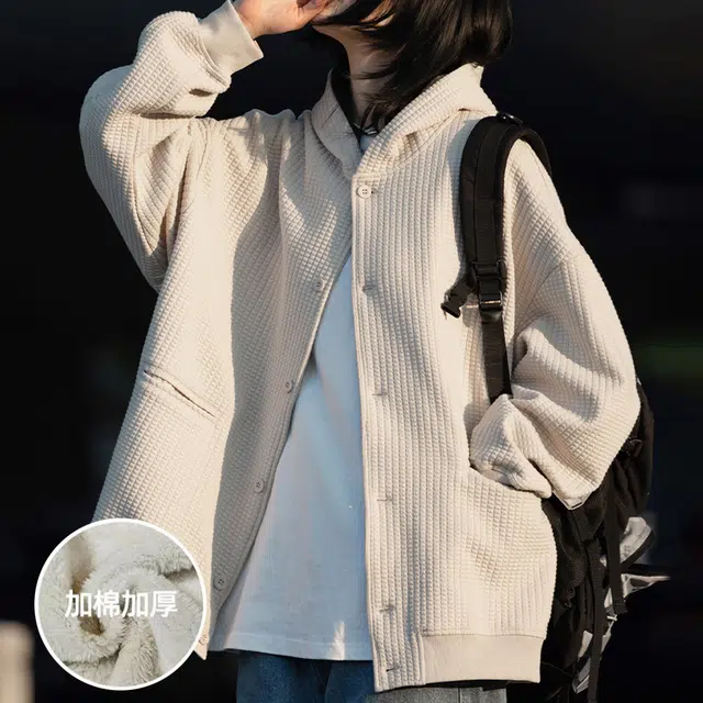 零氏 华夫格慵懒风美式日系复古连帽开衫宽松百搭舒适外套卫衣 男女同款