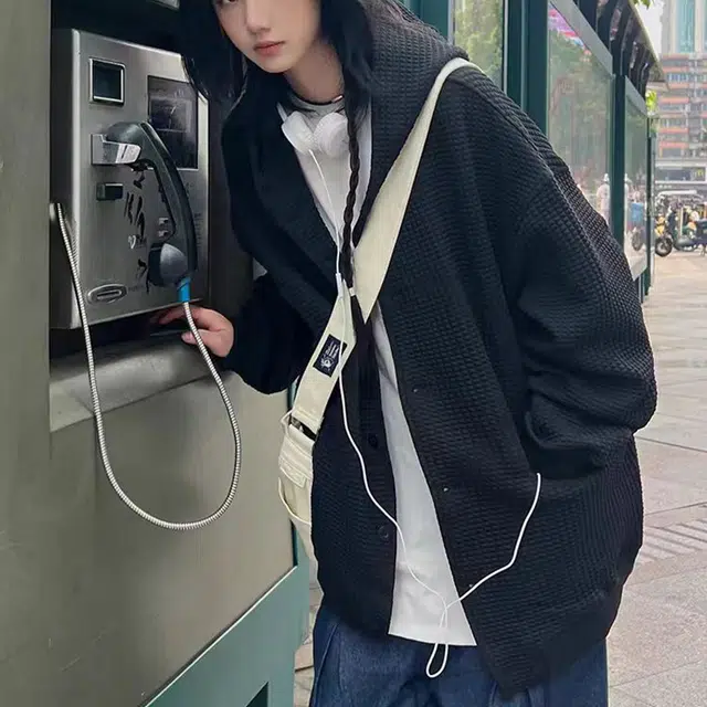 寻星记 华夫格慵懒风美式日系复古连帽开衫宽松百搭舒适外套卫衣 男女同款