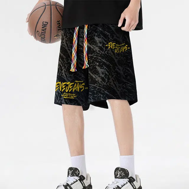依文 冰丝裤子扎染工艺五分裤美式高街仿刺绣品牌字母印花潮流高级感多彩抽绳沙滩裤简约日常百搭宽松运动休闲短裤 男女同款