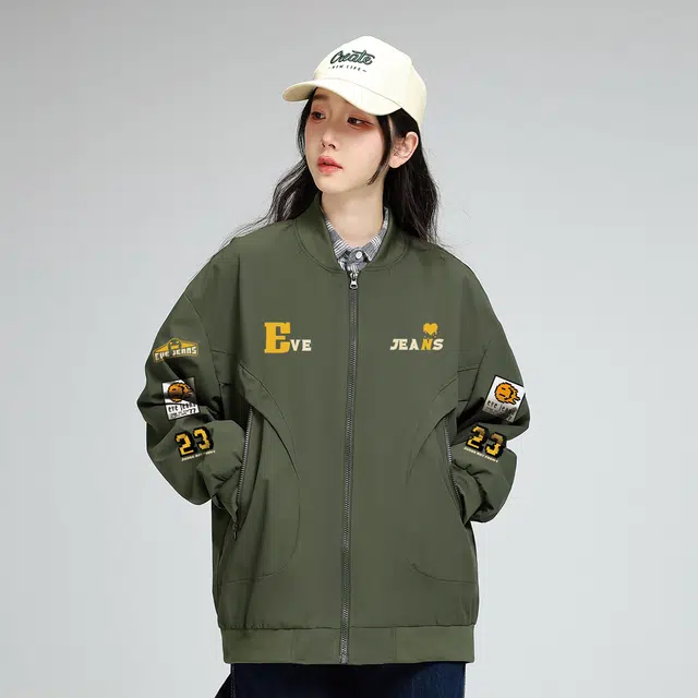 依文 美式复古学院风像素机能卡通涂鸦字母印花基础款简约宽松休闲飞行员棒球领落肩百搭工装长袖防风夹克外套 男女同款