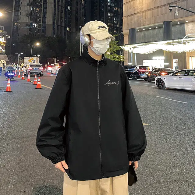 依文 美式高级感工装极简风花体字母创意设计复古立领高街学院风休闲运动街头百搭舒适宽松潮牌夹克外套 男女同款