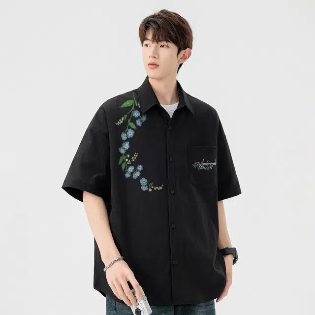 依文 美式复古学院风植物花卉图案花体字母印花纯色基础款户外简约潮流百搭休闲运动宽松舒适休闲短袖衬衫 男女同款