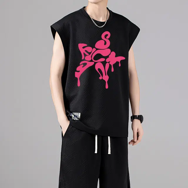 依文 日系纯色无袖简约基础款学生党宽松美式五星字母印花直筒柔软舒适亲肤通勤日常百搭运动速干圆领休闲背心 男女同款