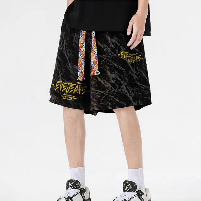 依文 冰丝裤子扎染工艺五分裤美式高街仿刺绣品牌字母印花潮流高级感多彩抽绳沙滩裤简约日常百搭宽松运动休闲短裤 男女同款