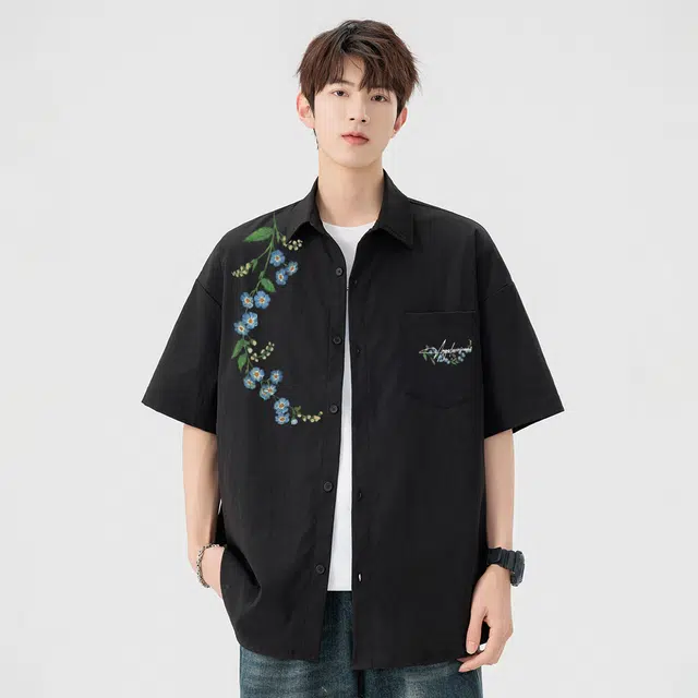 依文 美式复古学院风植物花卉图案花体字母印花纯色基础款户外简约潮流百搭休闲运动宽松舒适休闲短袖衬衫 男女同款