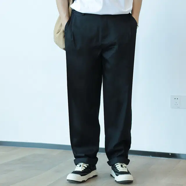 几朴 日系混纺宽松直筒休闲裤 男女同款 黑色