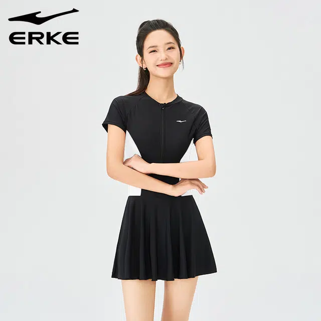 鸿星尔克 新款小黑裙泳衣夏水上乐园专业运动训练保守游泳衣遮肚显瘦海边度假连体泳装 女款 黑色