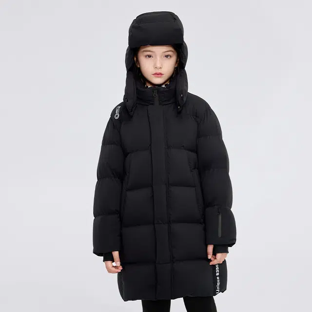 高梵 童装 黑金儿童鹅绒服纯色长款户外滑雪羽绒服 男童女童