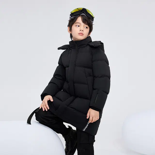 高梵 童装 黑金儿童鹅绒服纯色长款户外滑雪羽绒服 男童女童